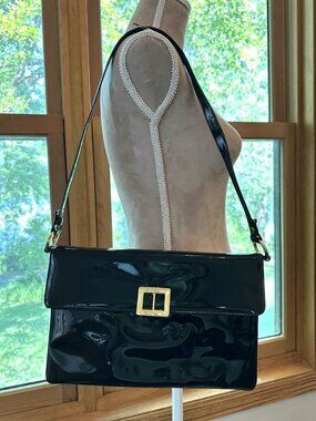Vintage 1960s Lewis Black Patent Leather Shoulder Bag Mod Gold Tone Snap Lock